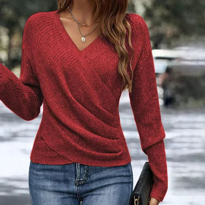 Zaria | Women's Long Sleeve V-Neck Wrap Front Sweater – Marl Light Knit Surplice Pullover