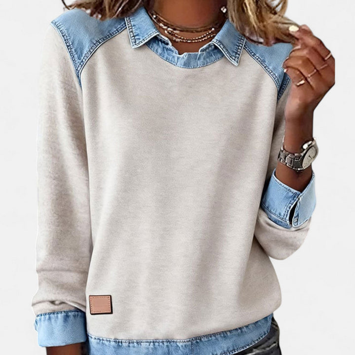 Denim Collar Layered Sweatshirt For Women