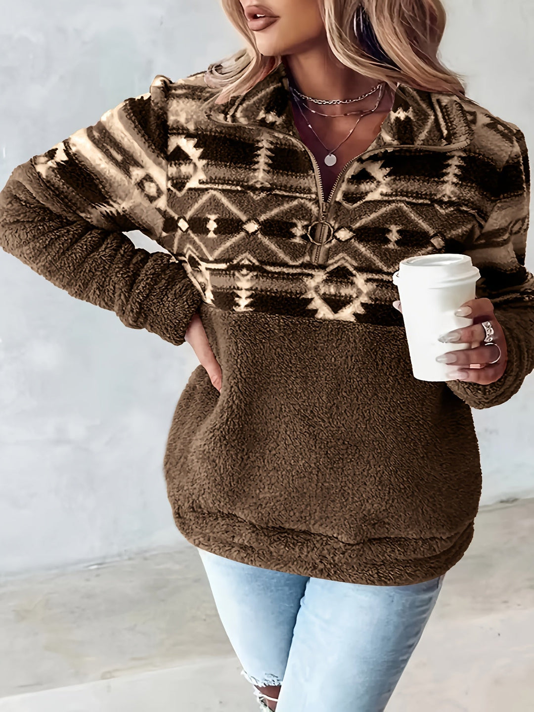 Elowen | Warm Patterned Half Zip Sweater