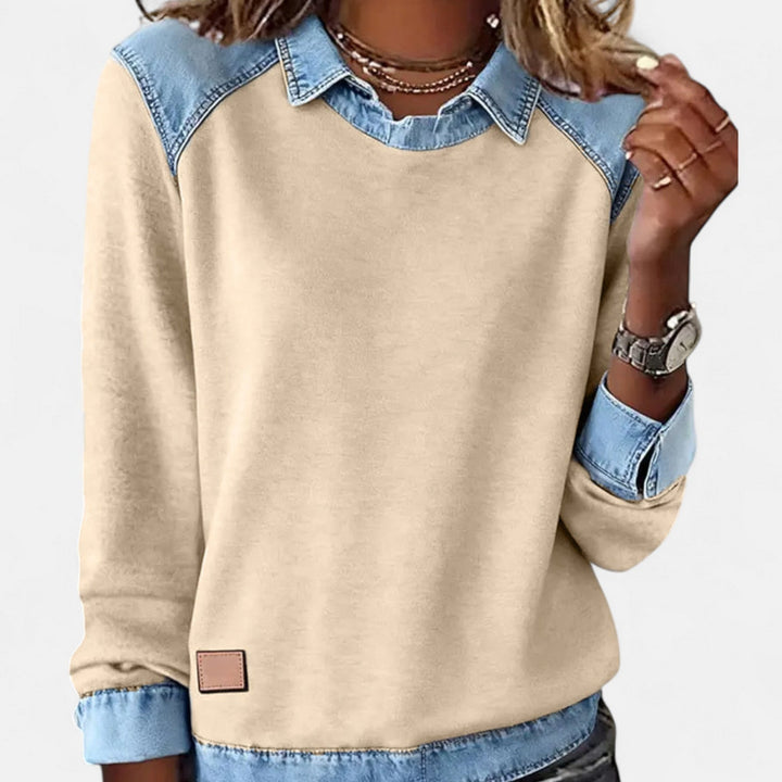 Denim Collar Layered Sweatshirt For Women