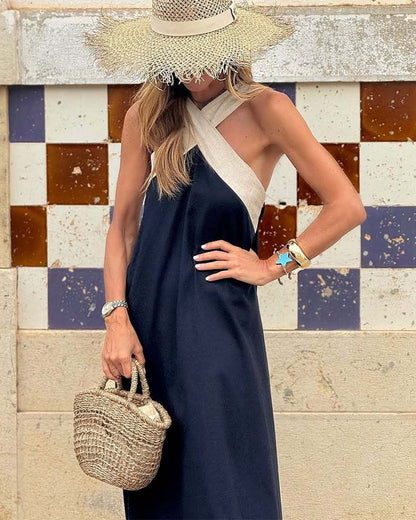 Nyla | Women's Colorblock Criss-Cross Halter Maxi Dress