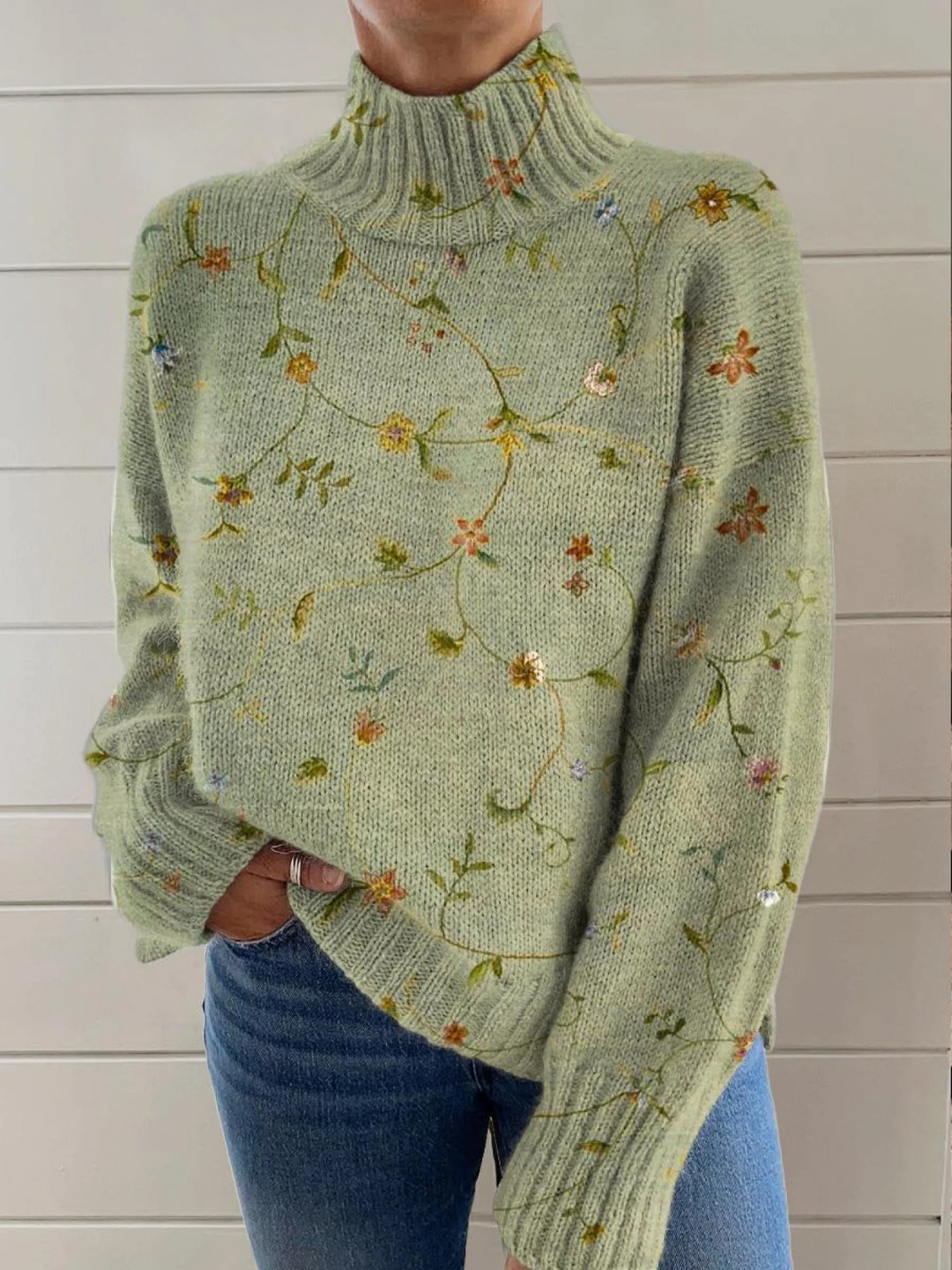 Elowyn | Floral High-Neck Knit Sweater