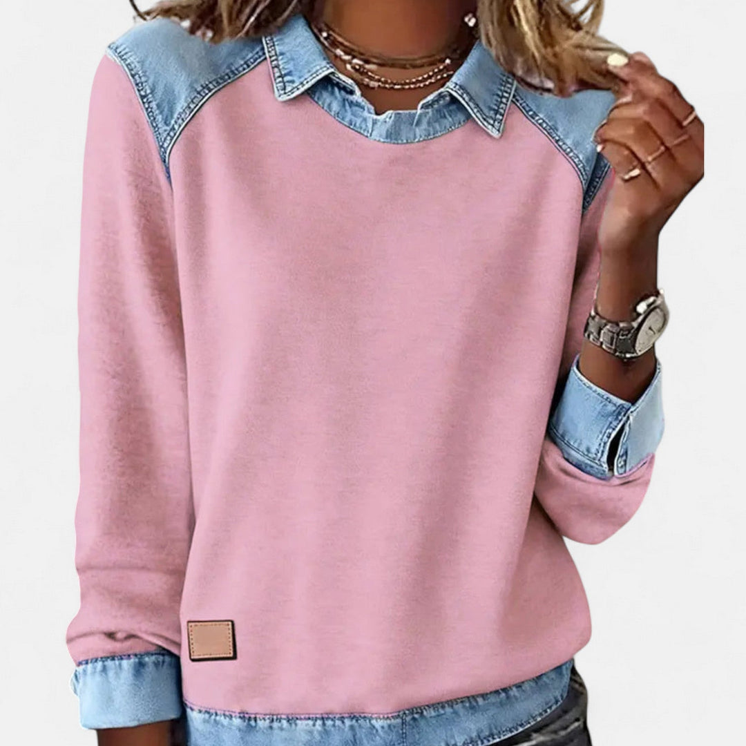Denim Collar Layered Sweatshirt For Women