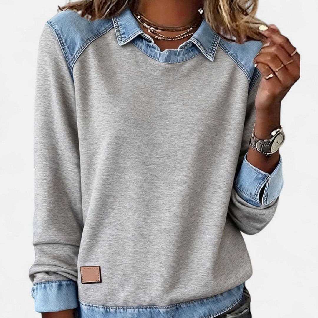 Denim Collar Layered Sweatshirt For Women
