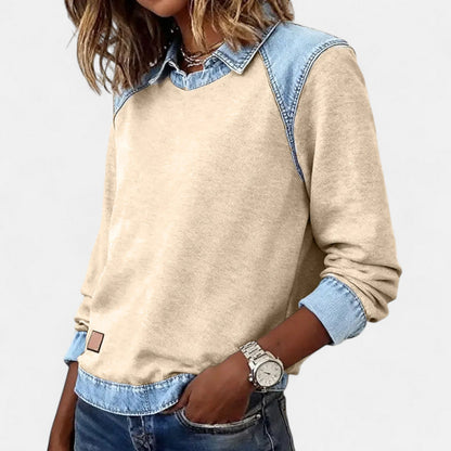 Denim Collar Layered Sweatshirt For Women