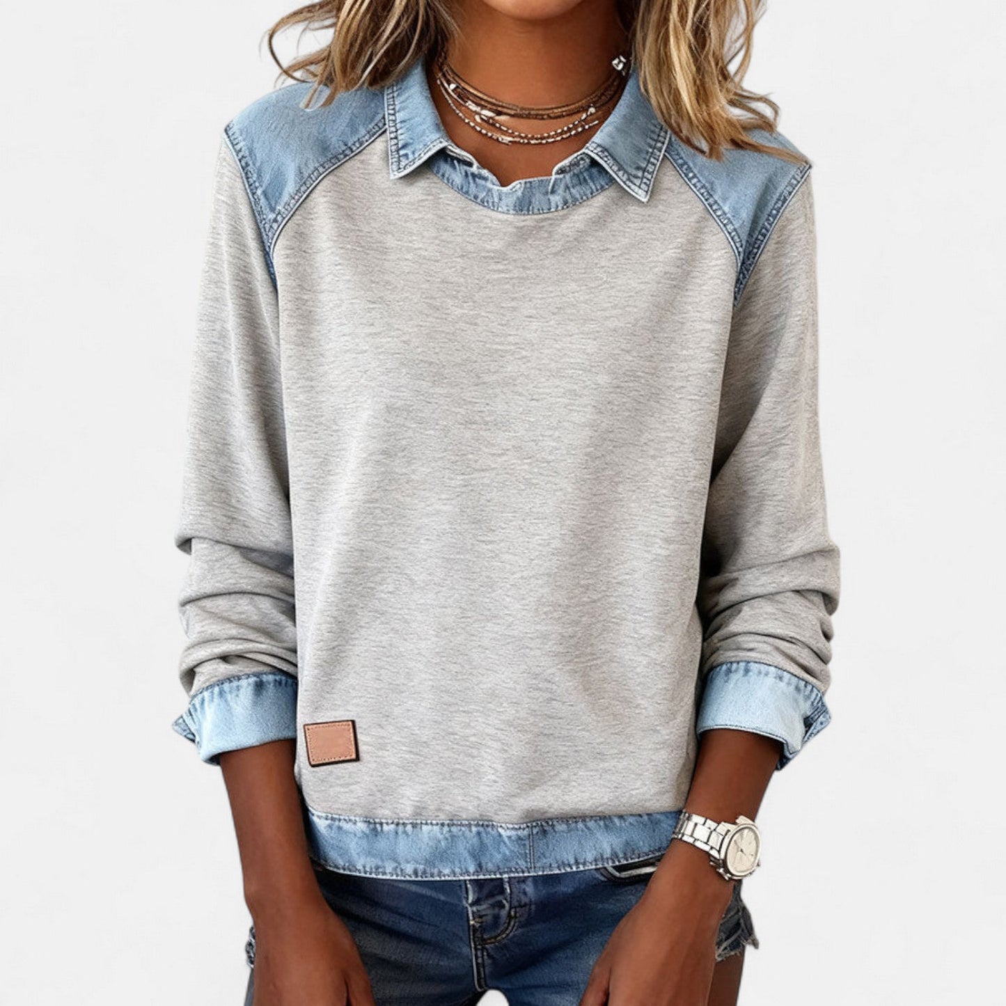 Denim Collar Layered Sweatshirt For Women