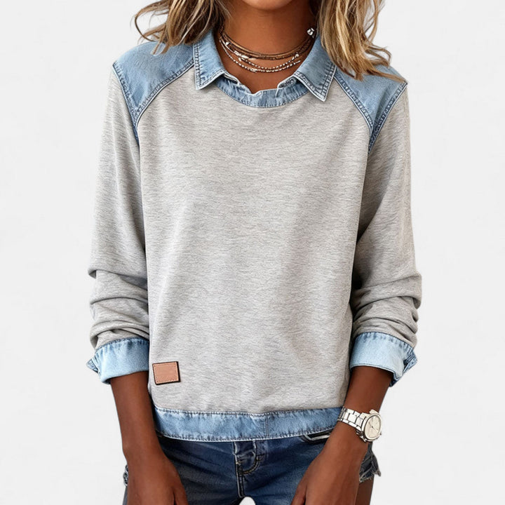 Denim Collar Layered Sweatshirt For Women
