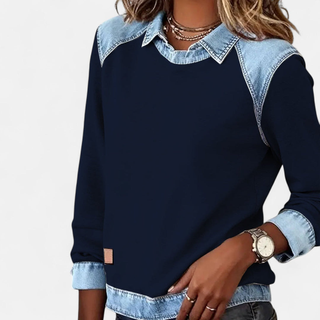 Denim Collar Layered Sweatshirt For Women