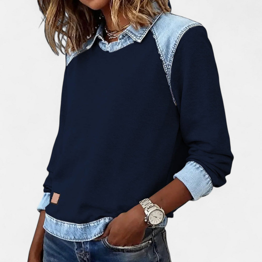 Denim Collar Layered Sweatshirt For Women