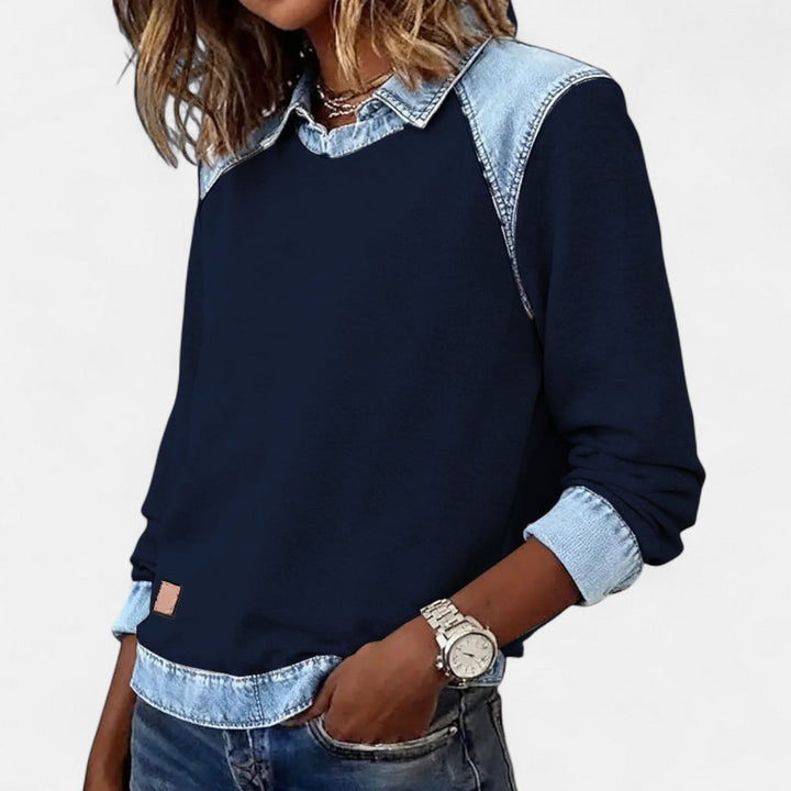 Denim Collar Layered Sweatshirt For Women