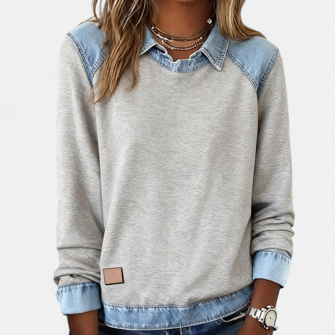 Denim Collar Layered Sweatshirt For Women