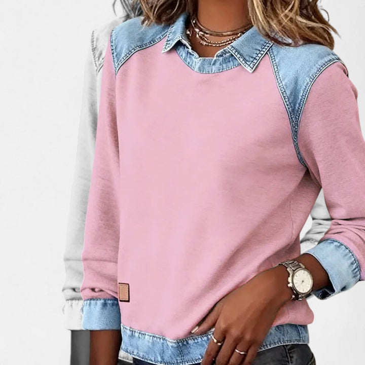 Denim Collar Layered Sweatshirt For Women