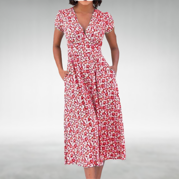 Alix | Women’s Floral V-Neck Pocket Midi Dress
