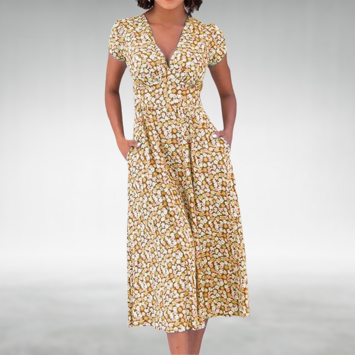 Alix | Women’s Floral V-Neck Pocket Midi Dress