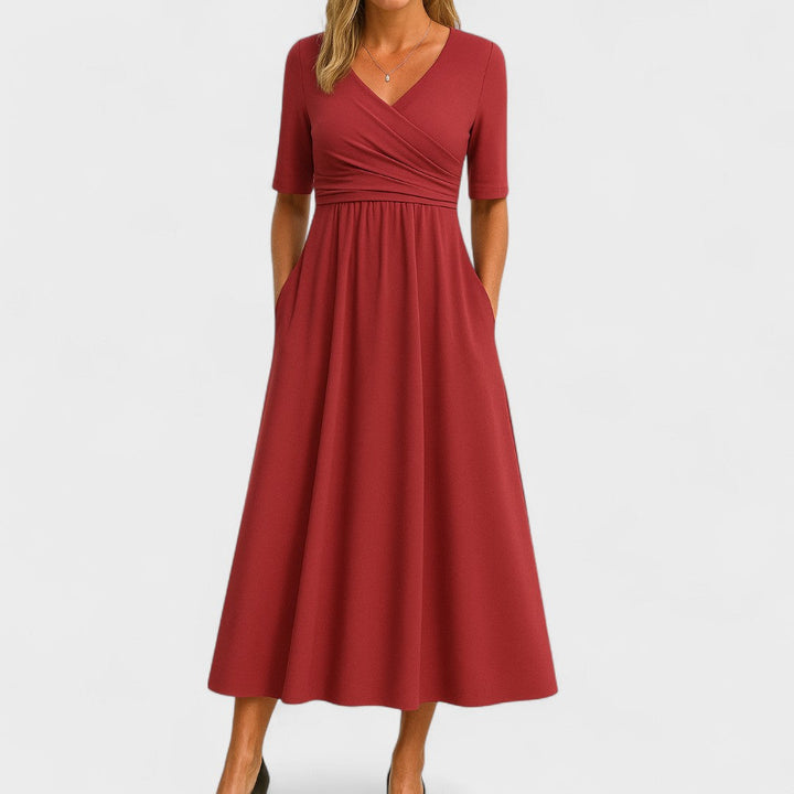 Women's Chic Midi Dress with V-Neck