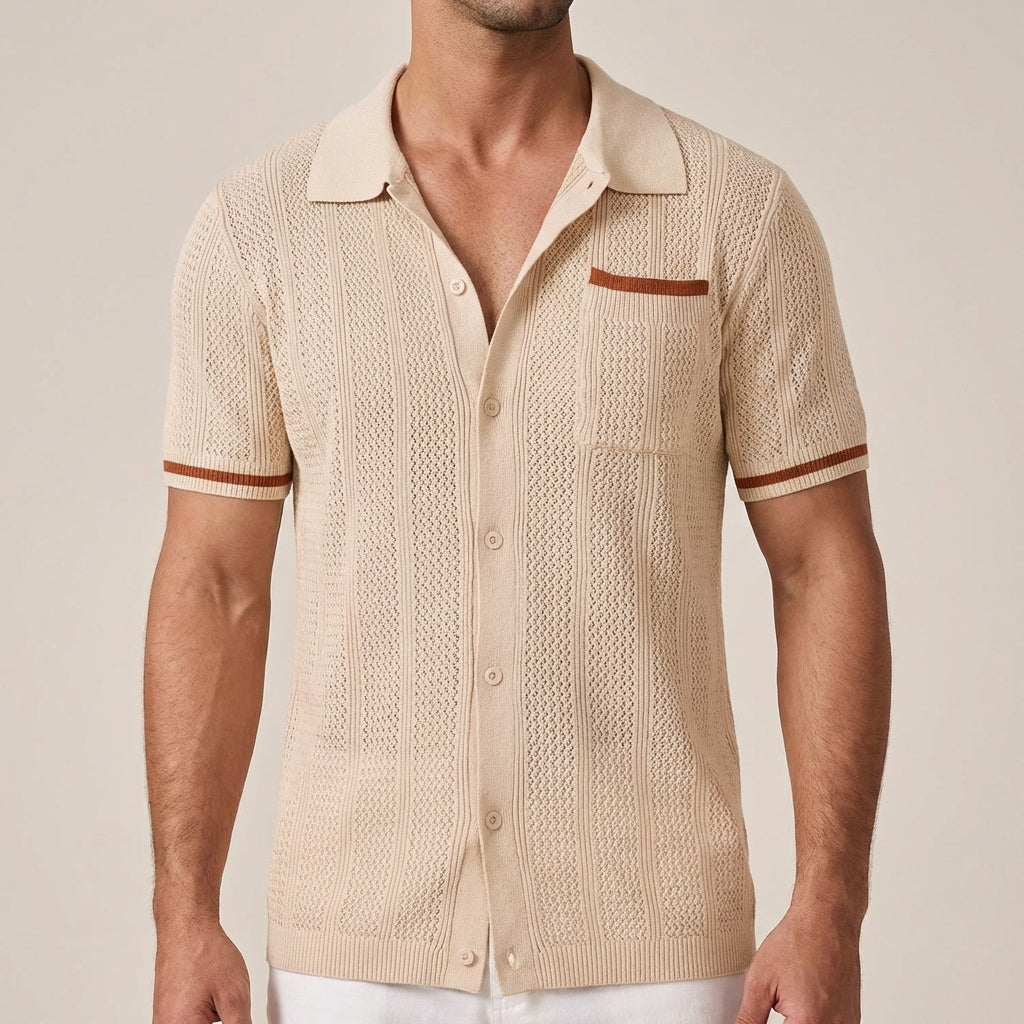 Luka | Men’s Vertical Openwork Lace-Knit Camp Collar Shirt