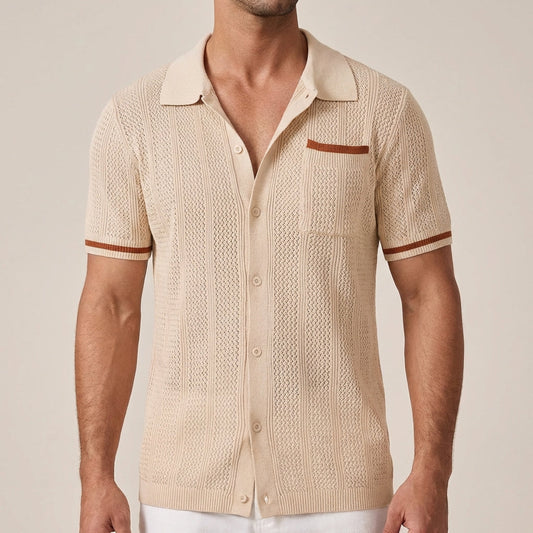 Luka | Men’s Vertical Openwork Lace-Knit Camp Collar Shirt