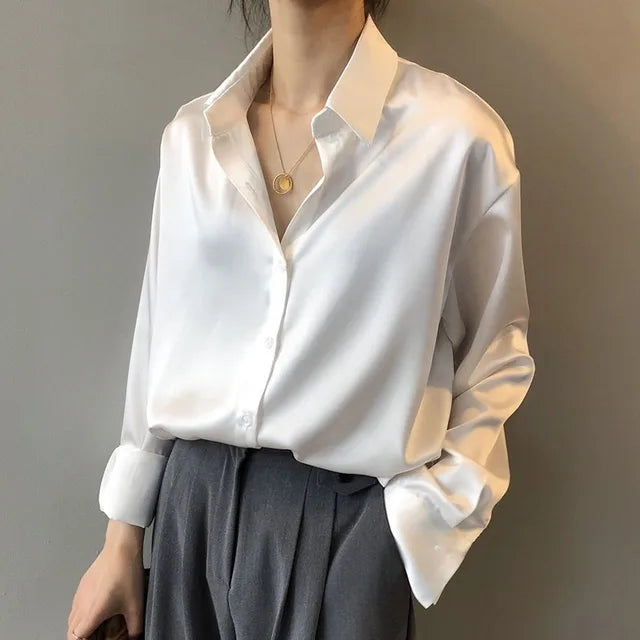 Women’s Long Sleeve Button Down Satin Blouse