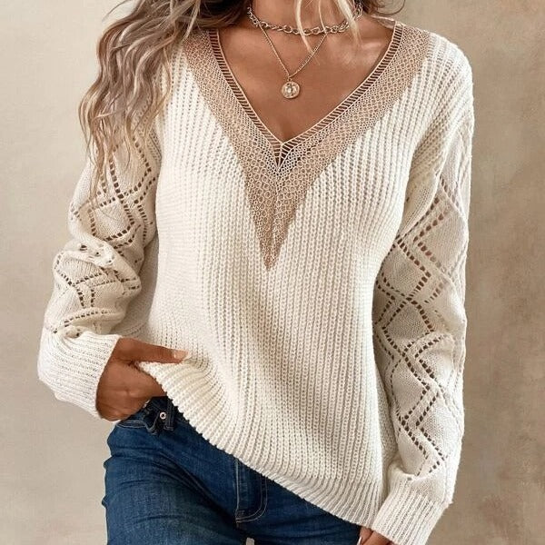 Valencia | Lace-Trim V-Neck Knit Sweater
