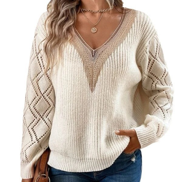 Valencia | Lace-Trim V-Neck Knit Sweater