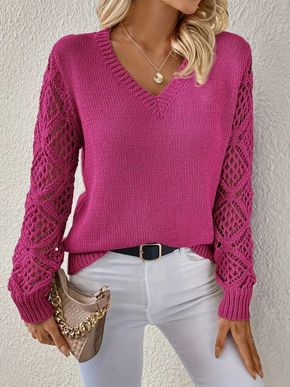 Lena | V-Neck Lightweight Transitional Knit Pullover with Pointelle Lace Crochet Sleeves