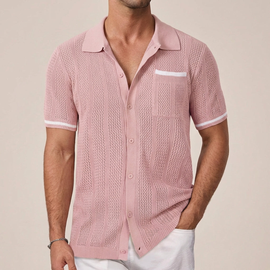 Luka | Men’s Vertical Openwork Lace-Knit Camp Collar Shirt
