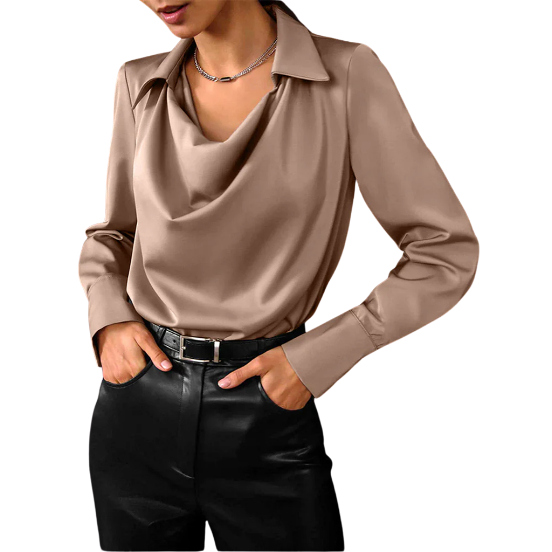 Elegant Satin Blouse for Women - Long Sleeve Draped Neck Work &amp; Evening Wear