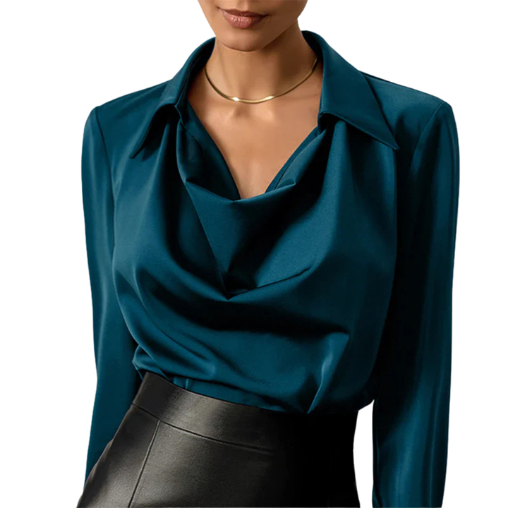 Elegant Satin Blouse for Women - Long Sleeve Draped Neck Work &amp; Evening Wear