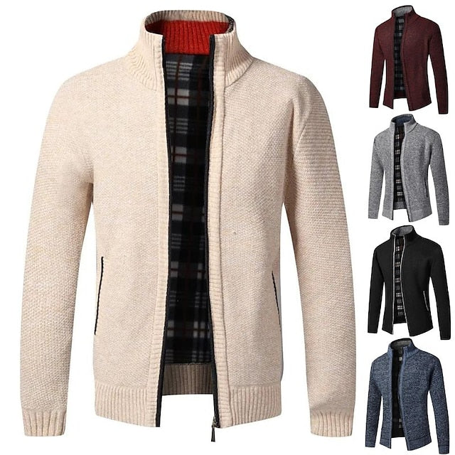 Plaid-Lined Zip-Up Men’s Cardigan