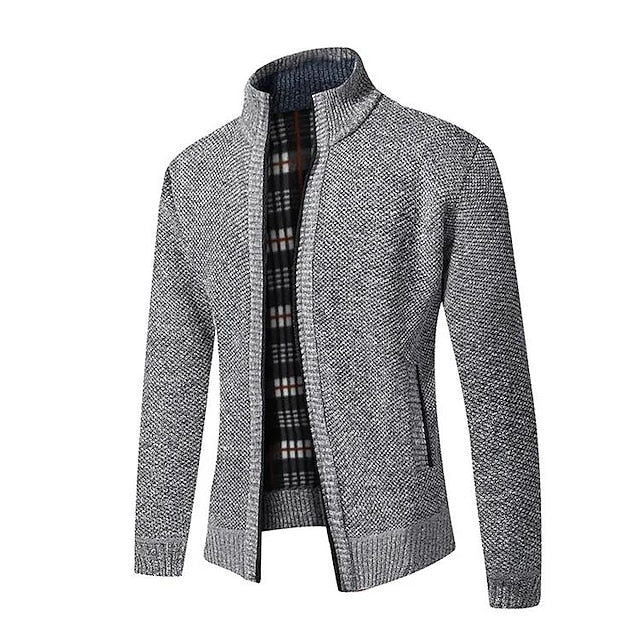 Plaid-Lined Zip-Up Men’s Cardigan