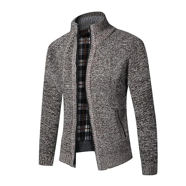 Plaid-Lined Zip-Up Men’s Cardigan