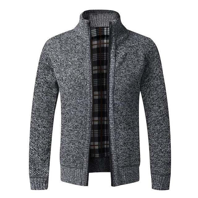 Plaid-Lined Zip-Up Men’s Cardigan