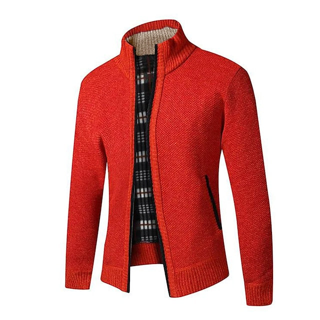 Plaid-Lined Zip-Up Men’s Cardigan