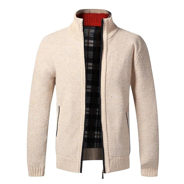 Plaid-Lined Zip-Up Men’s Cardigan