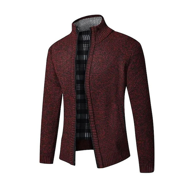 Plaid-Lined Zip-Up Men’s Cardigan