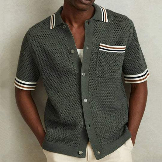 Kace | Men’s Full-Button Knit Utility Polo in Army Green