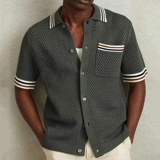 Kace | Men’s Full-Button Knit Utility Polo in Army Green