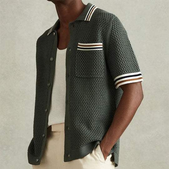 Kace | Men’s Full-Button Knit Utility Polo in Army Green