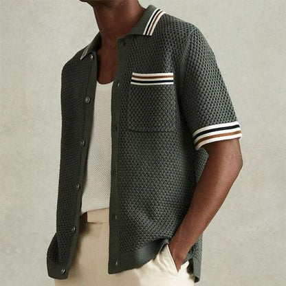 Kace | Men’s Full-Button Knit Utility Polo in Army Green