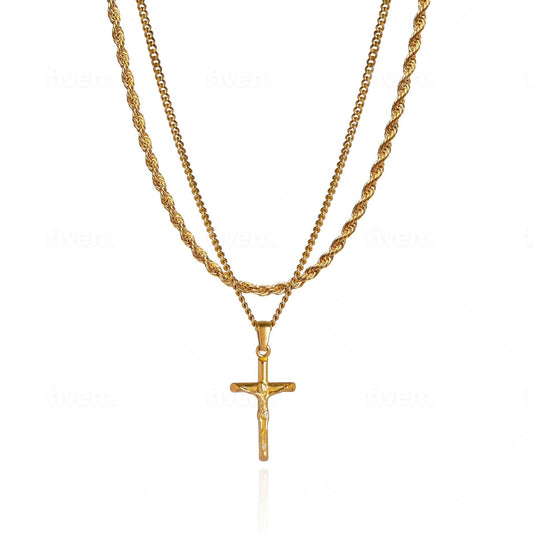 Cross Pendant Necklace X Rope Chain Full Set - Gold
