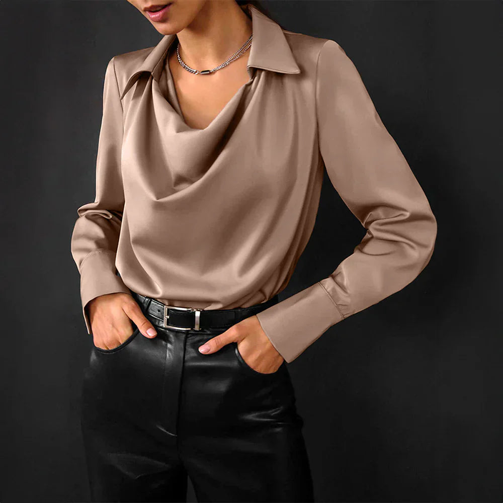 Elegant Satin Blouse for Women - Long Sleeve Draped Neck Work &amp; Evening Wear
