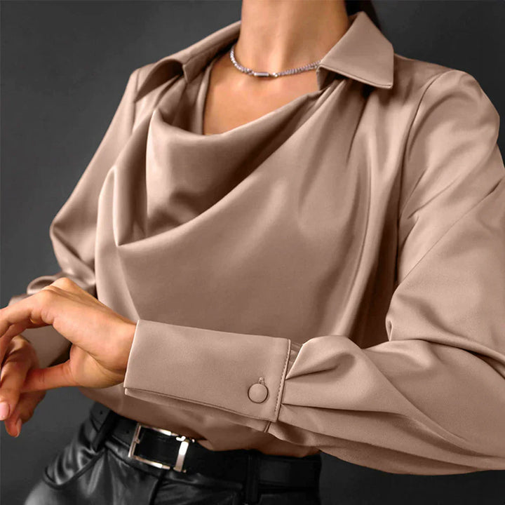 Elegant Satin Blouse for Women - Long Sleeve Draped Neck Work &amp; Evening Wear