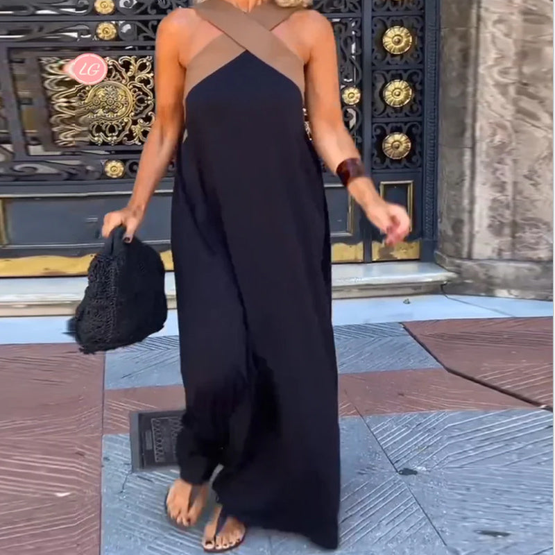 Nyla | Women's Colorblock Criss-Cross Halter Maxi Dress