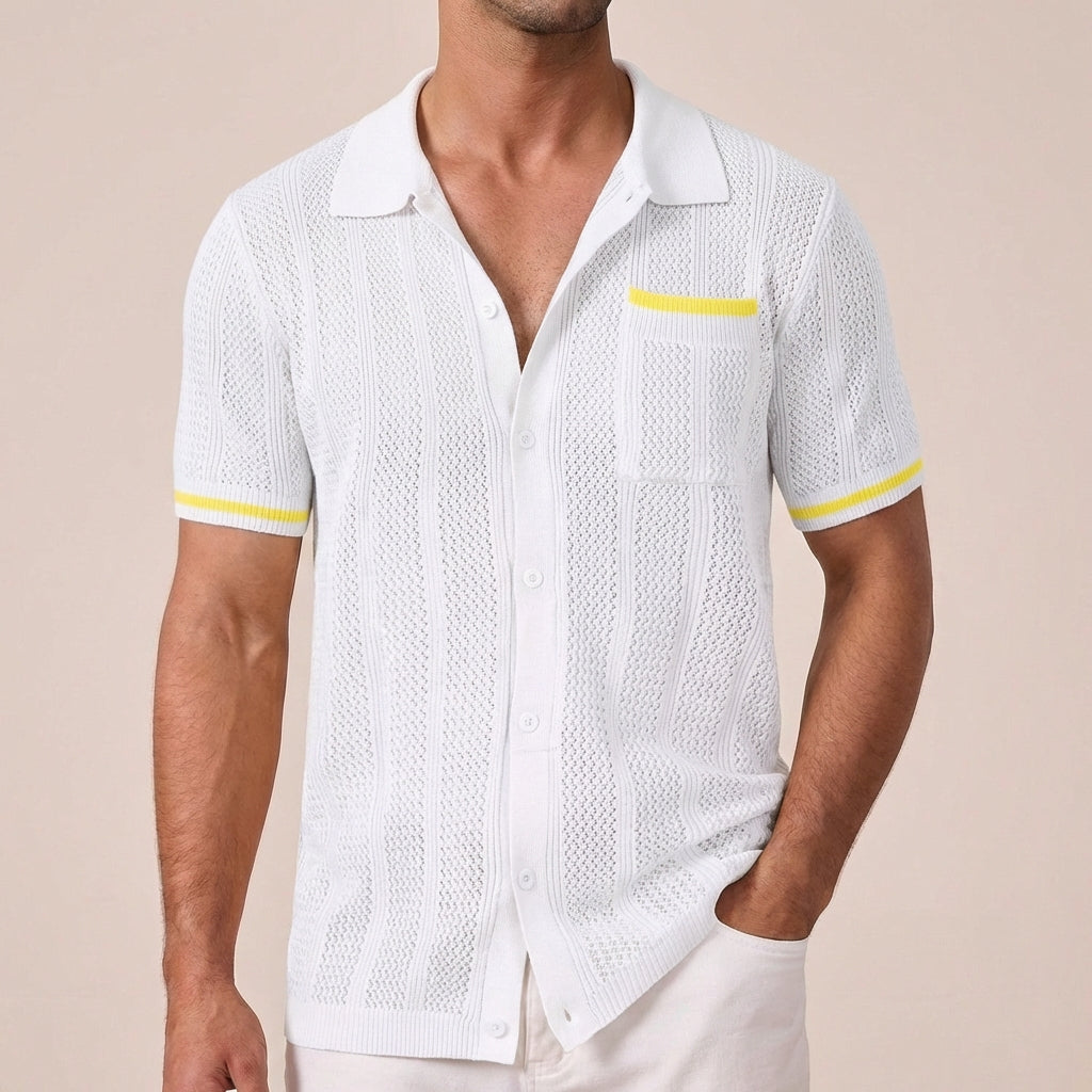 Luka | Men’s Vertical Openwork Lace-Knit Camp Collar Shirt