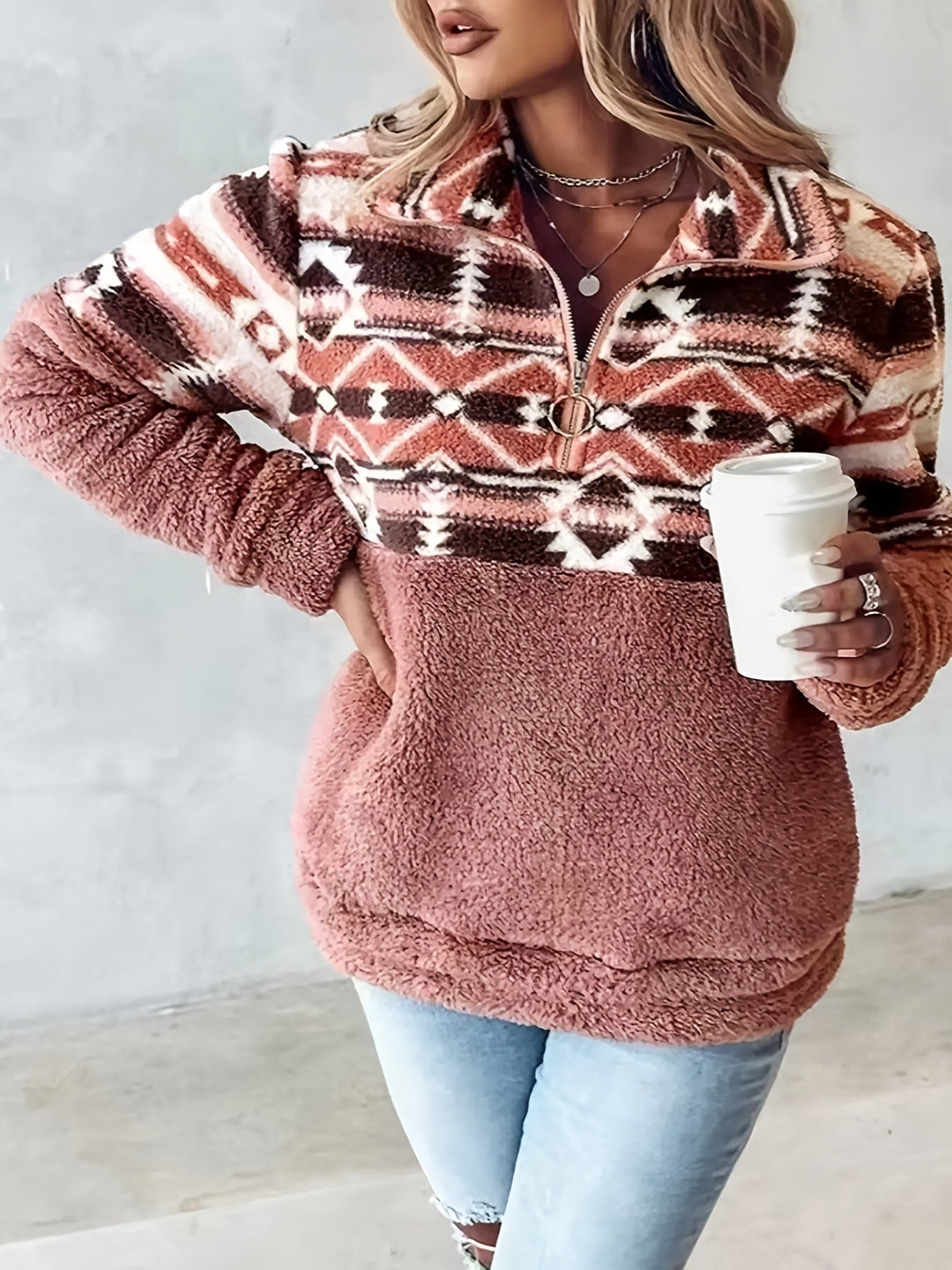Elowen | Warm Patterned Half Zip Sweater