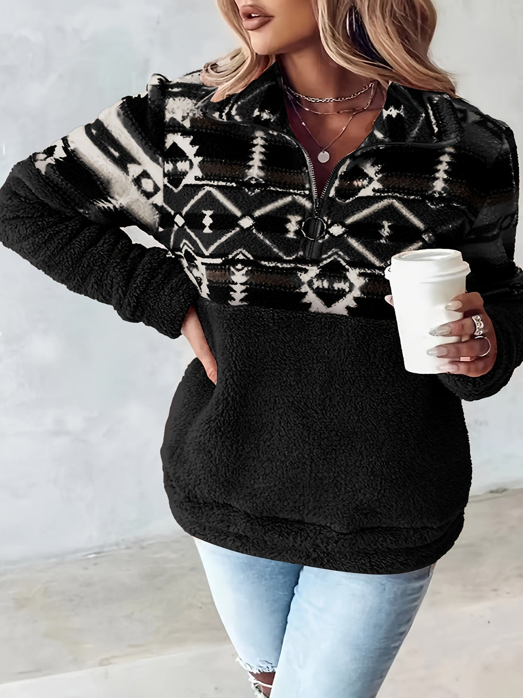 Elowen | Warm Patterned Half Zip Sweater