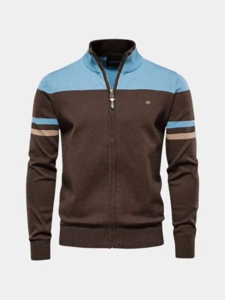 Colorblock Zip-Up Knit Sweater