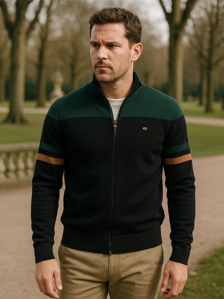 Colorblock Zip-Up Knit Sweater