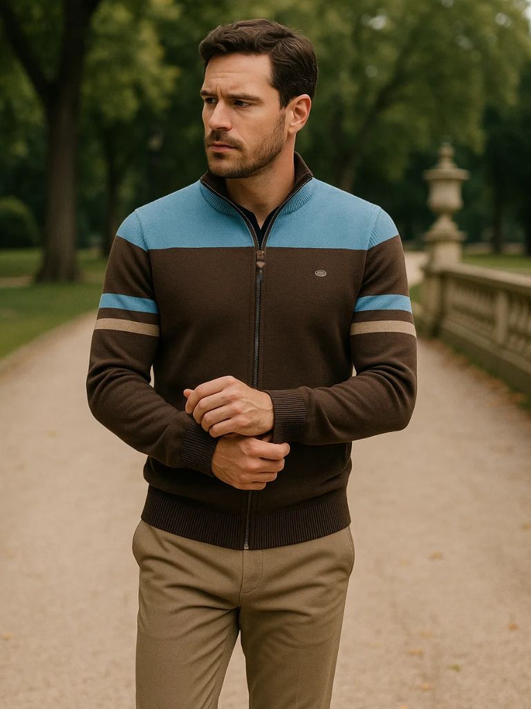 Colorblock Zip-Up Knit Sweater