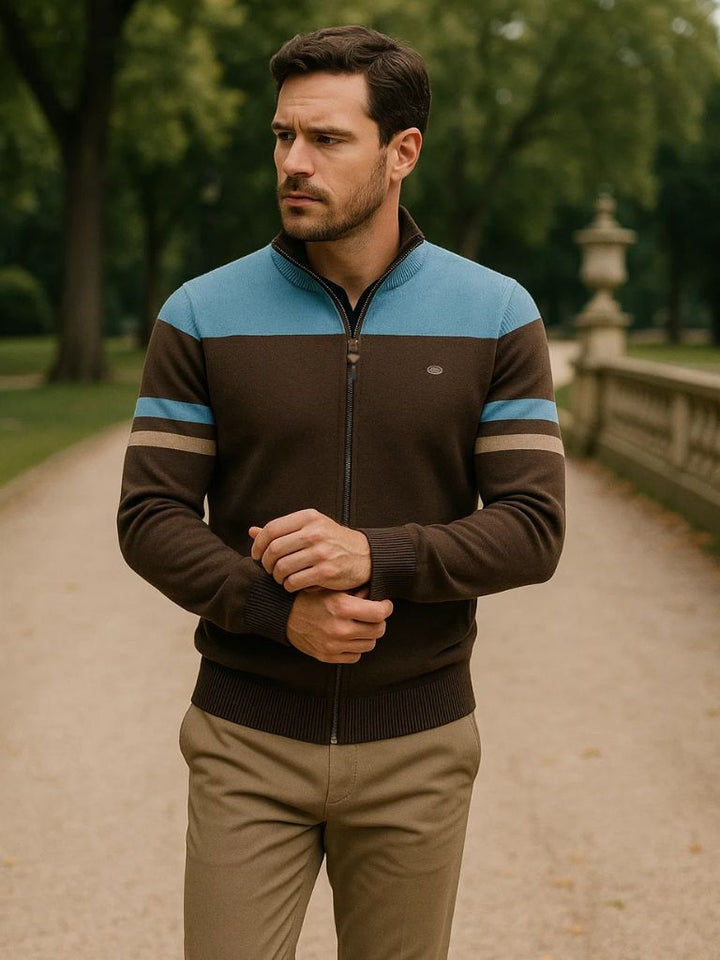 Colorblock Zip-Up Knit Sweater